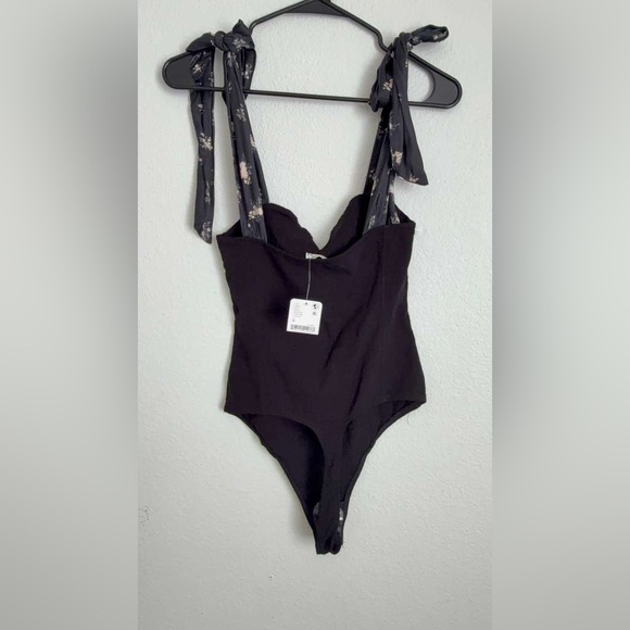Free People Black Bodysuit with Floral Tie Straps - Picture 5 of 6